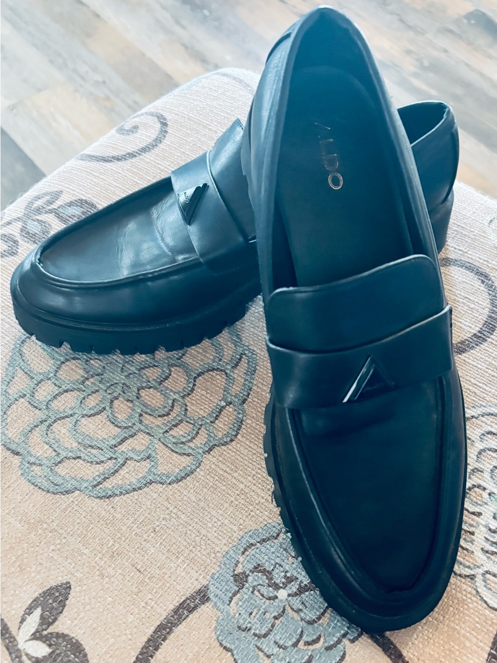Aldo Black Leather Lug-Sole Penny Loafers